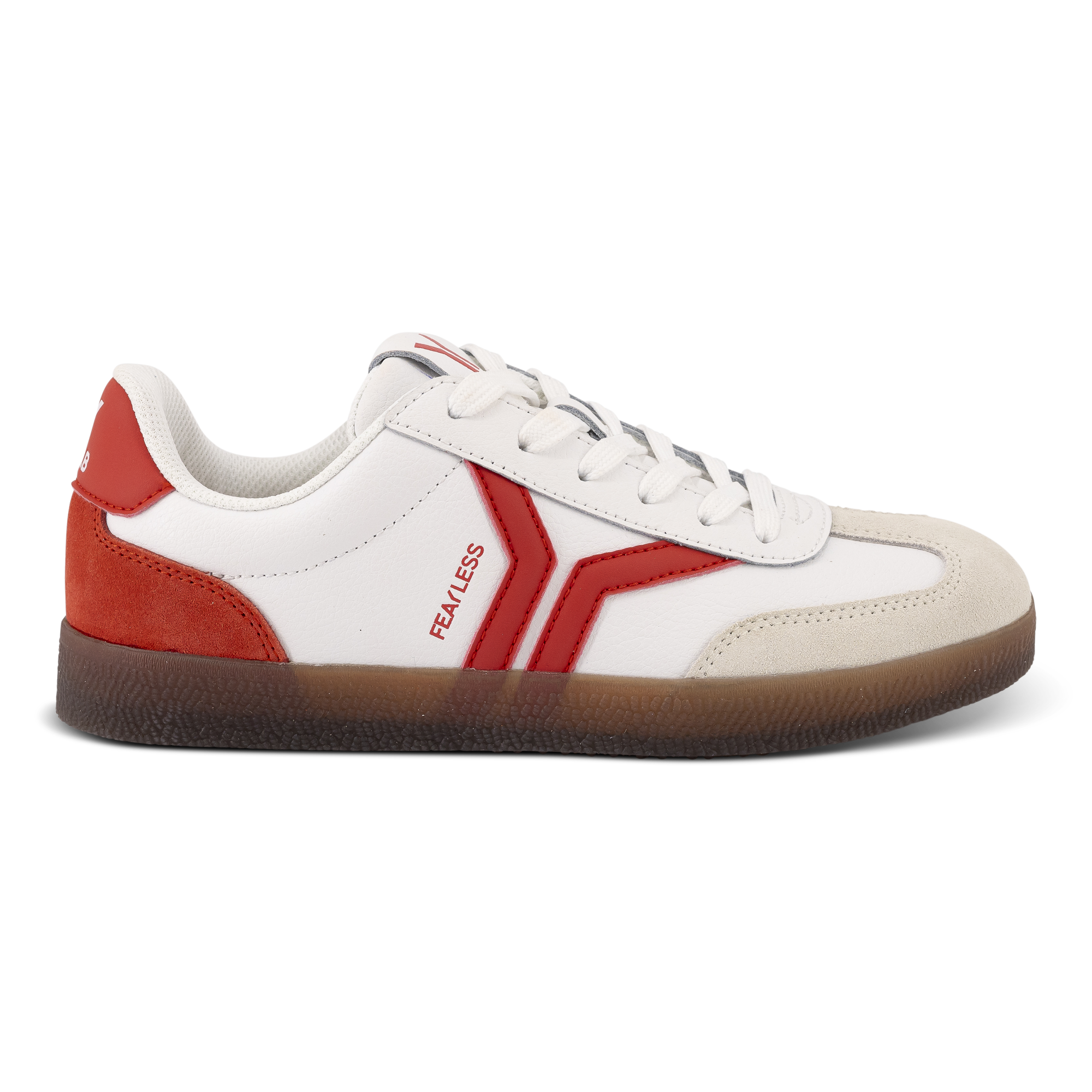 Fearless Womens Sneaker in white leather with neon flare wing