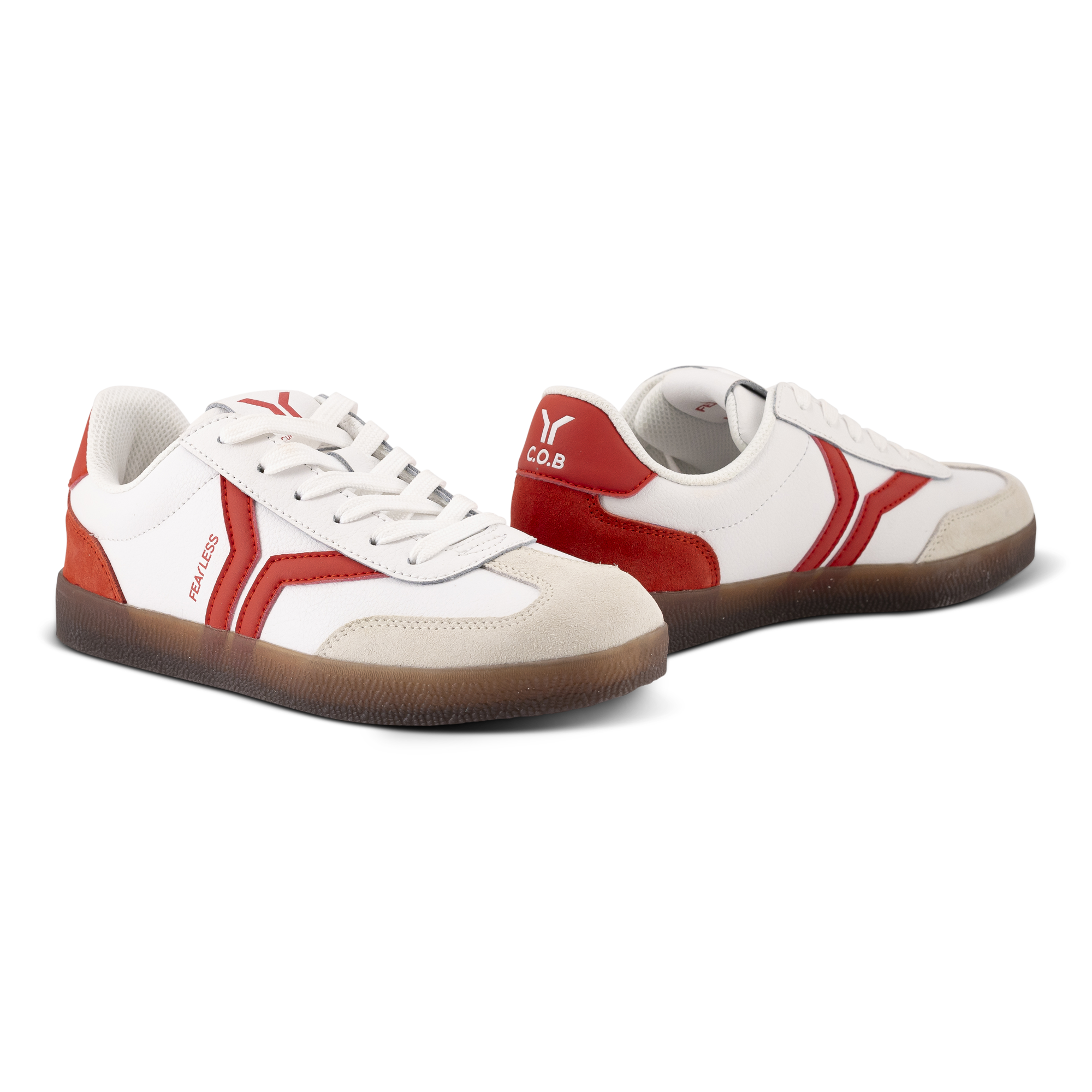 Fearless Womens Sneaker in white leather with neon flare wing