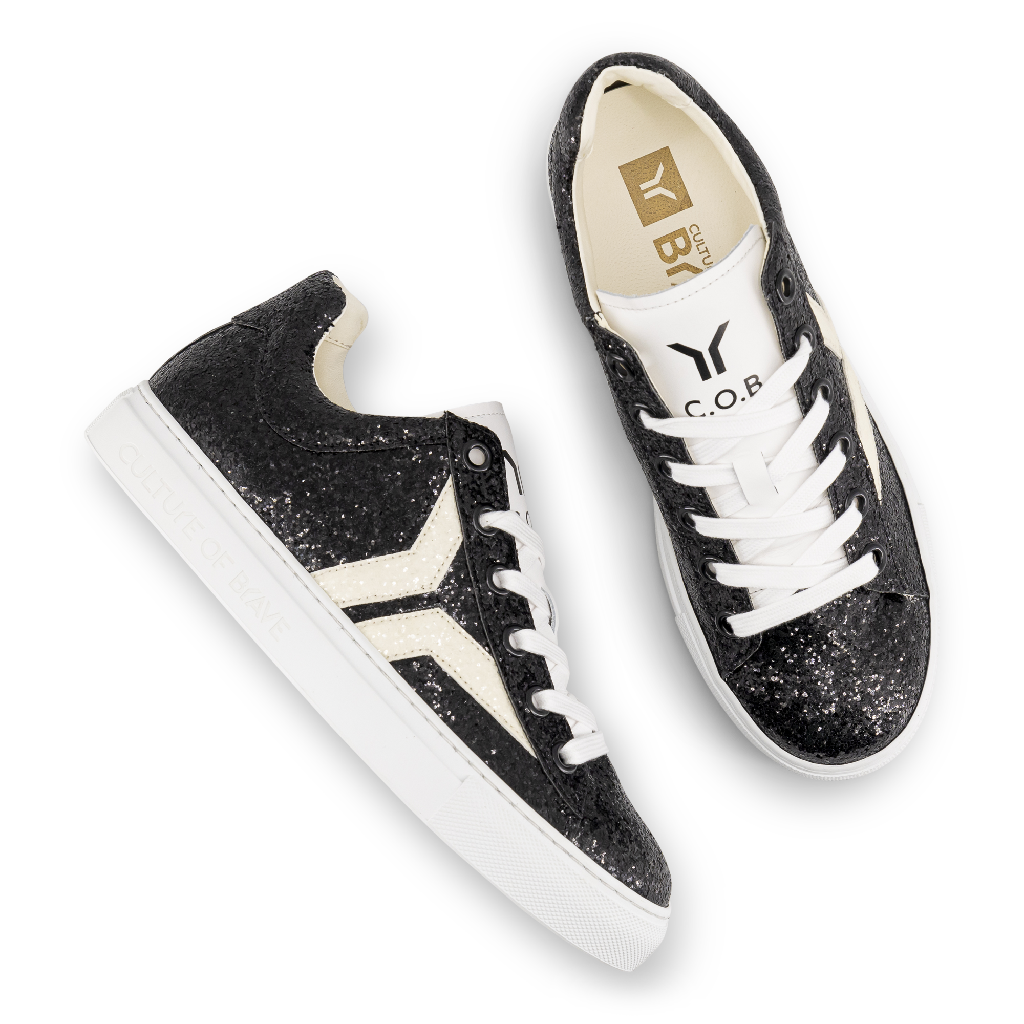 Shine Courage Women black glitter leather white wing low cut
