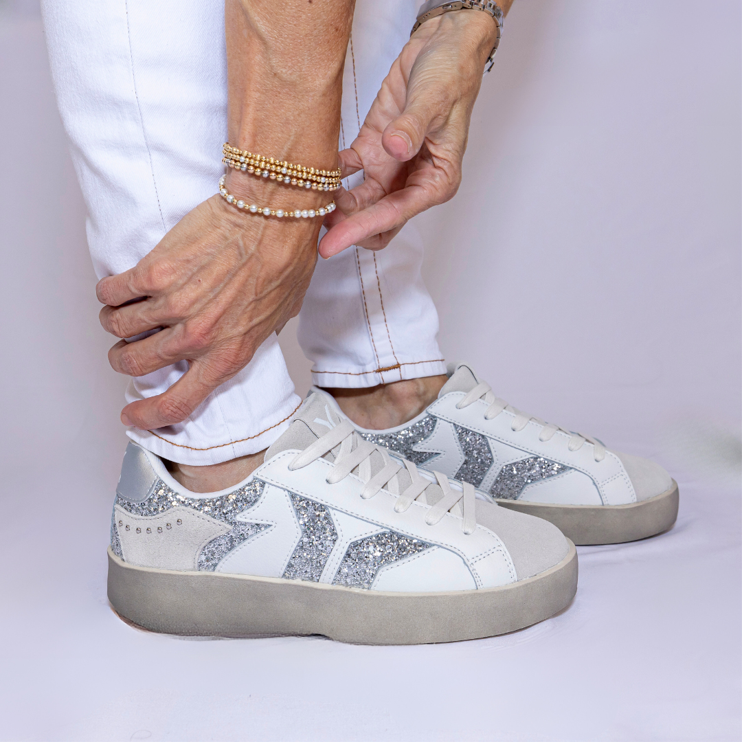 Play Womens Leather Sneaker in silver with glitter wing