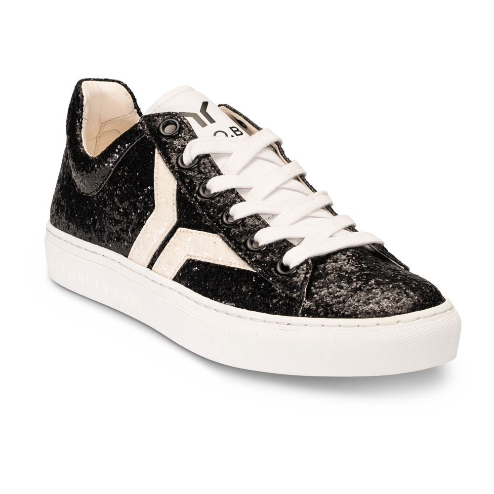 Shine Courage Women black glitter leather white wing low cut