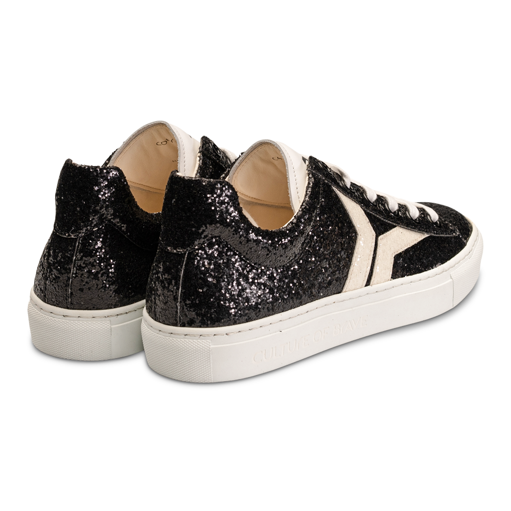Shine Courage Women black glitter leather white wing low cut
