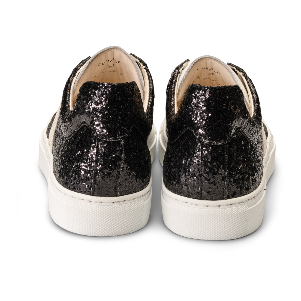 Shine Courage Women black glitter leather white wing low cut