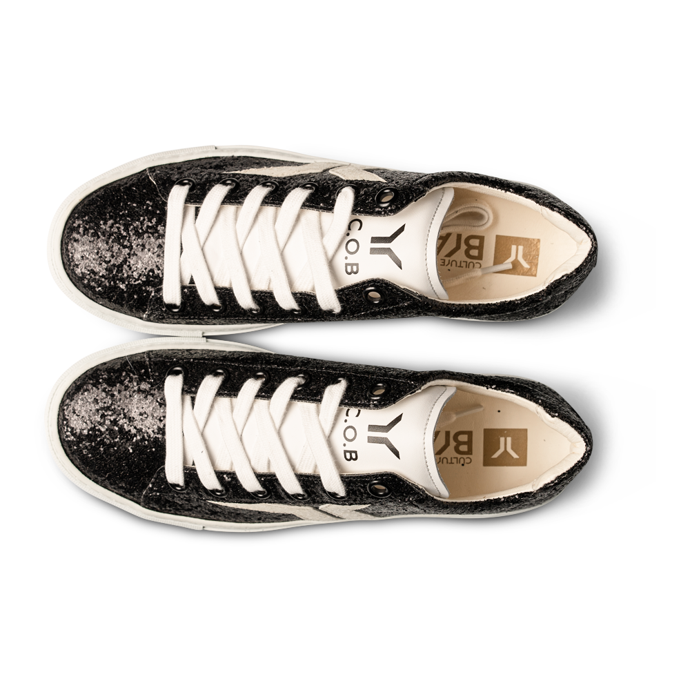 Shine Courage Women black glitter leather white wing low cut