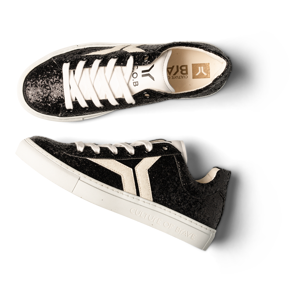 Shine Courage Women black glitter leather white wing low cut