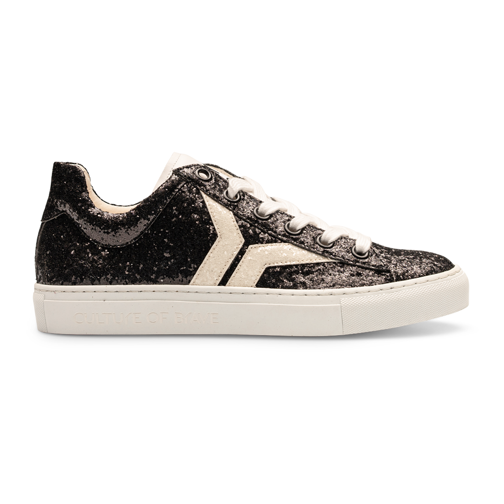 Shine Courage Women black glitter leather white wing low cut