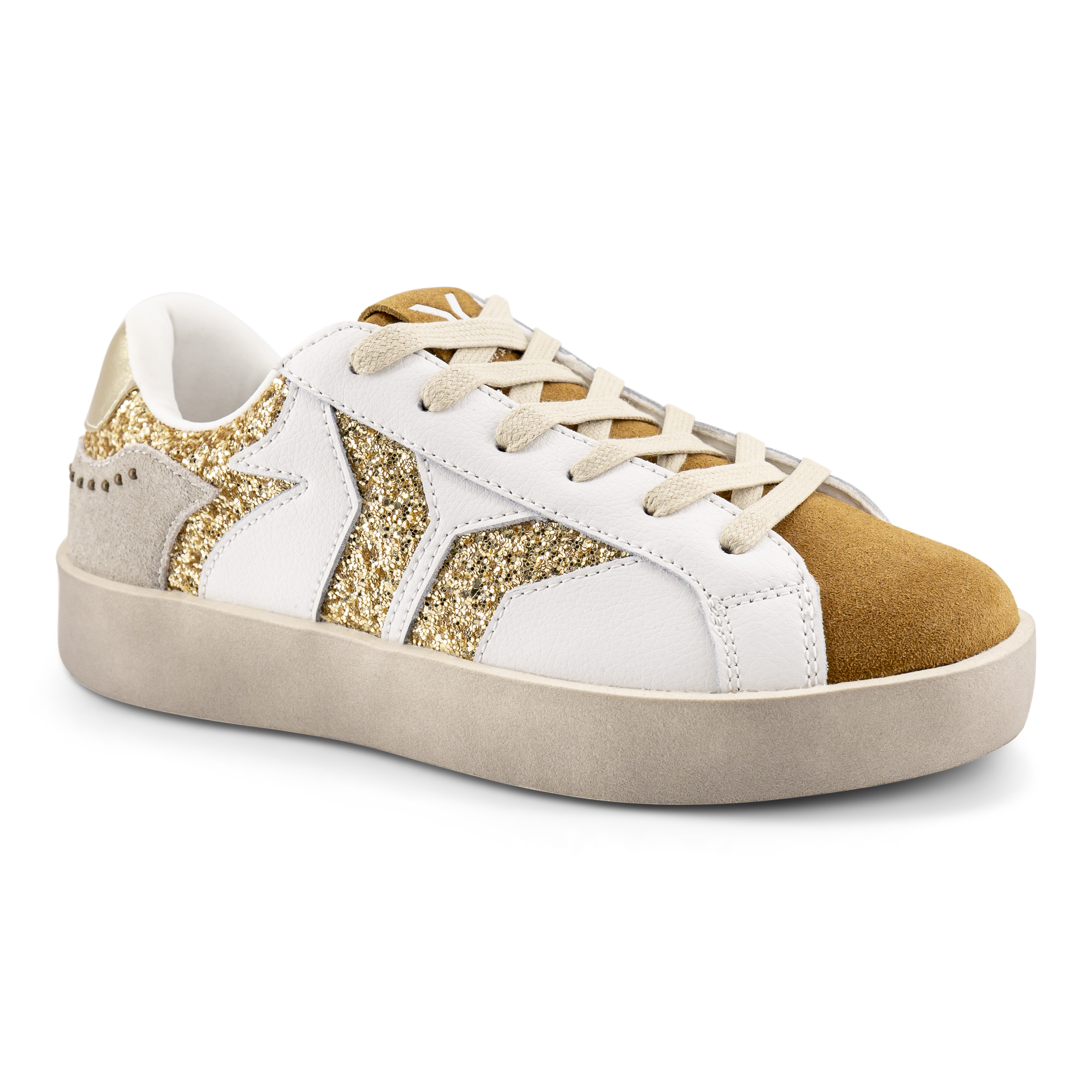 Play Womens Leather Sneaker in gold with glitter wing