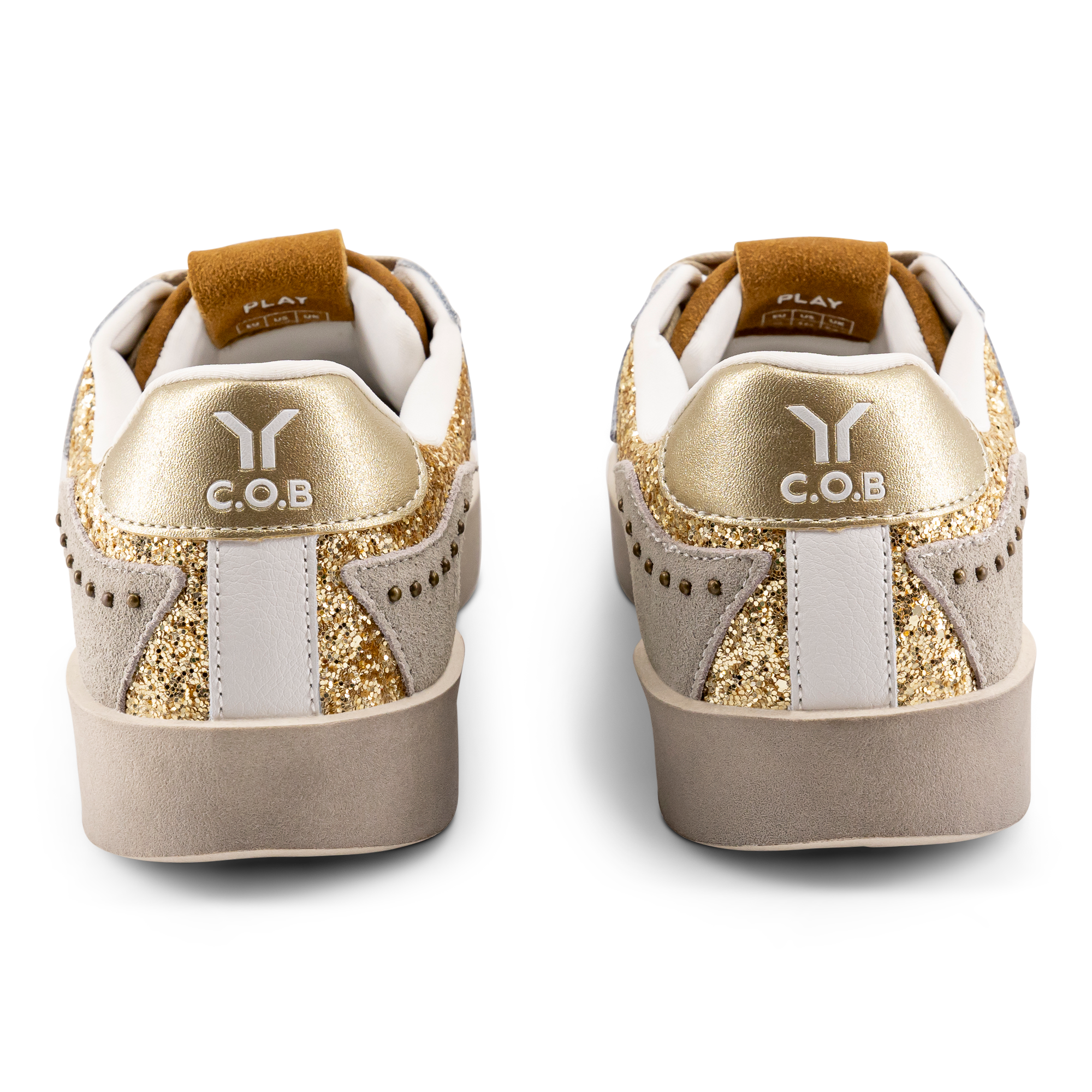 Play Womens Leather Sneaker in gold with glitter wing