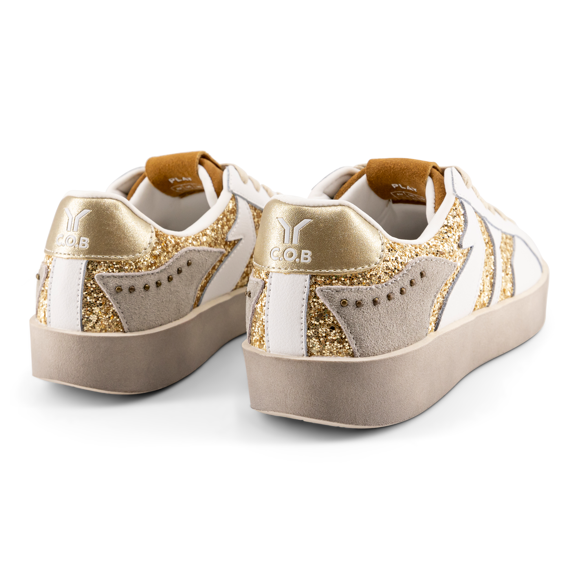 Play Womens Leather Sneaker in gold with glitter wing