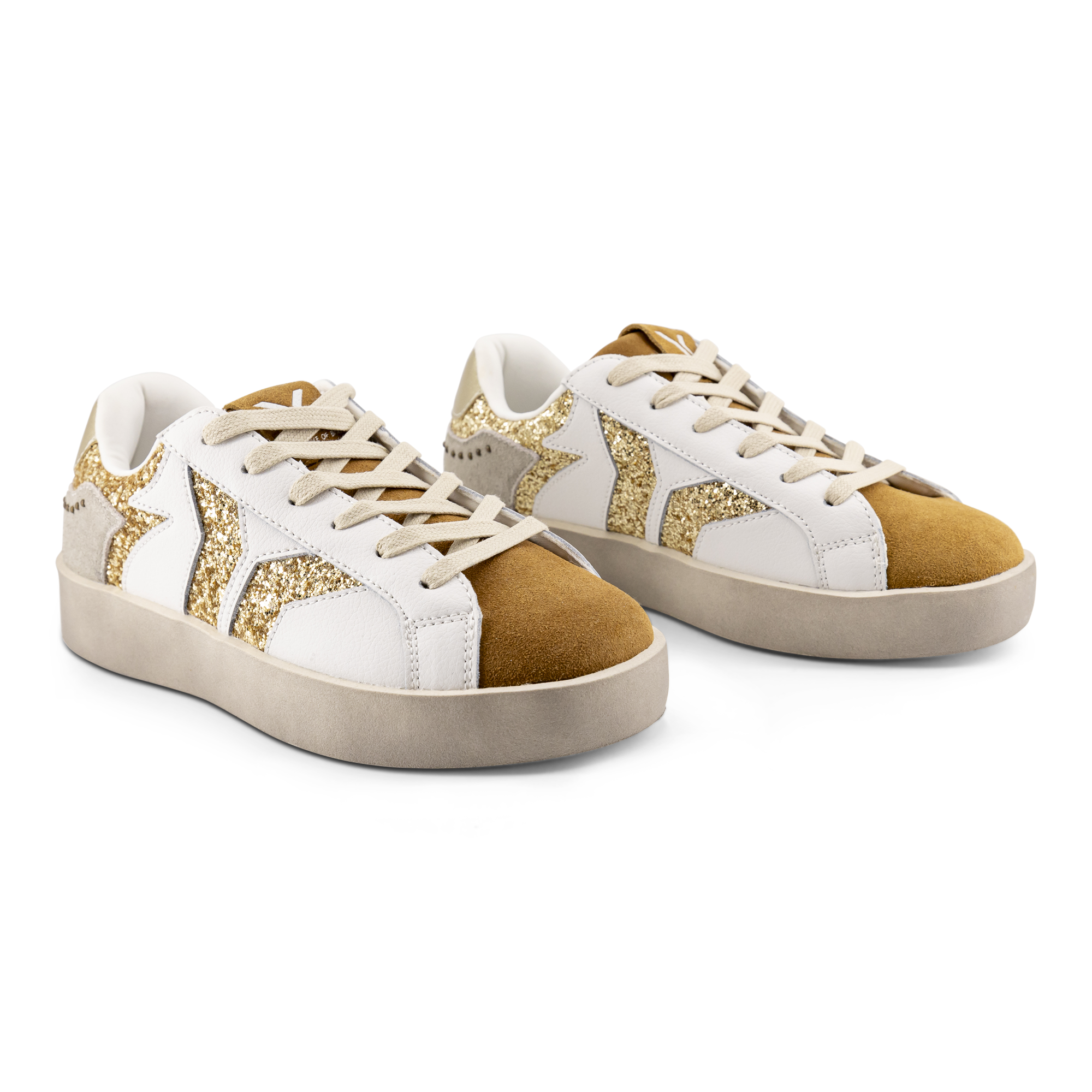 Play Womens Leather Sneaker in gold with glitter wing