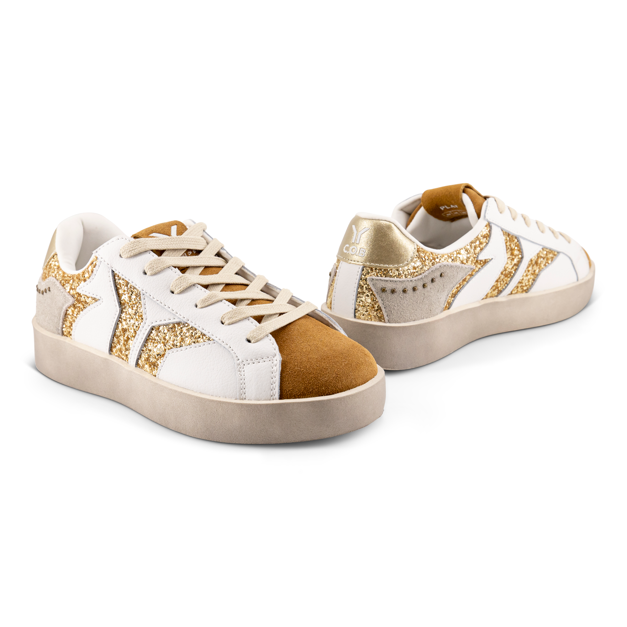 Play Womens Leather Sneaker in gold with glitter wing