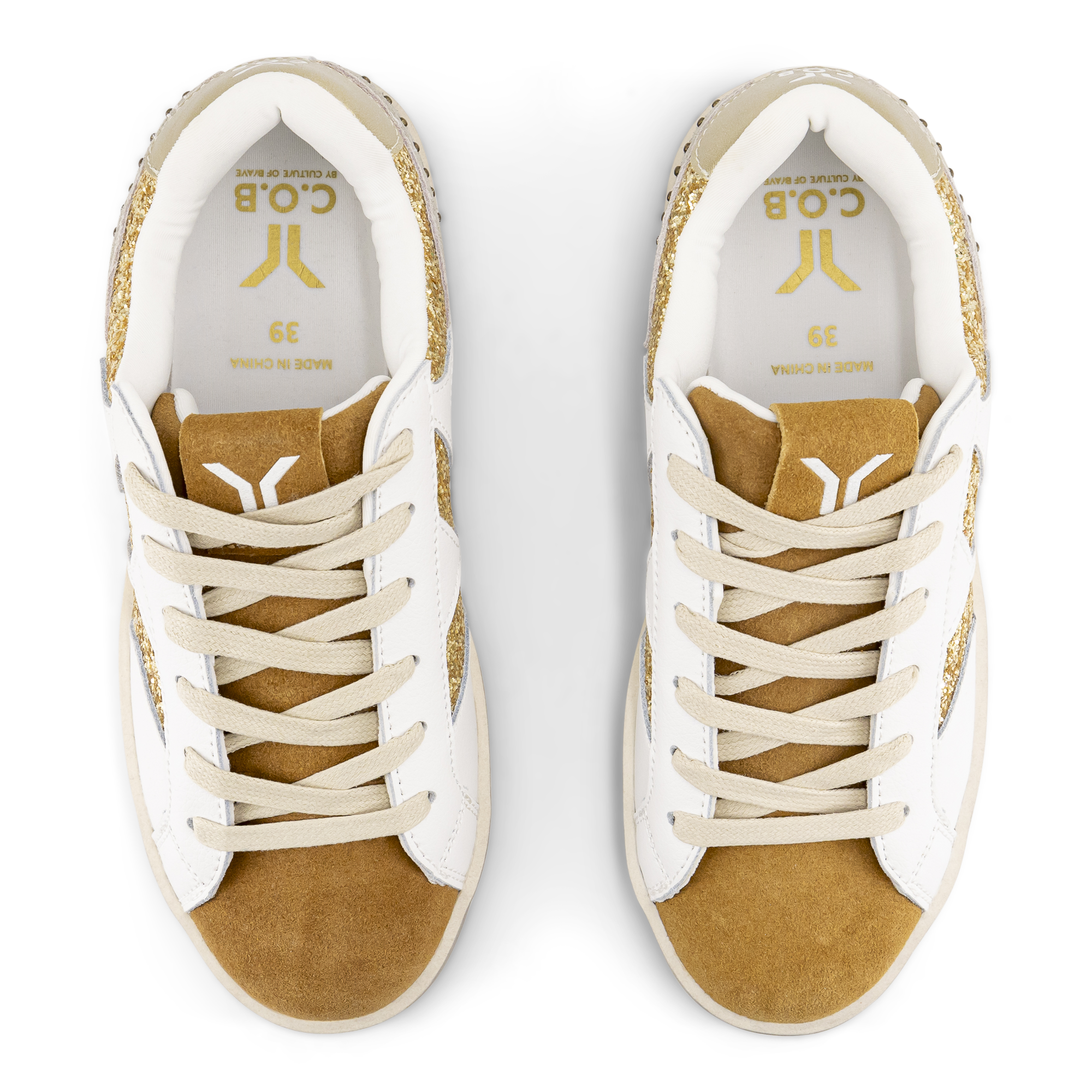 Play Womens Leather Sneaker in gold with glitter wing