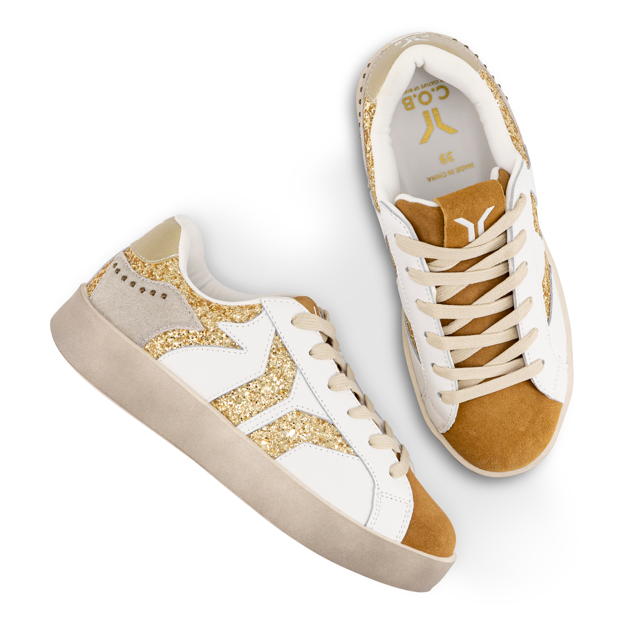 Play Womens Leather Sneaker in gold with glitter wing