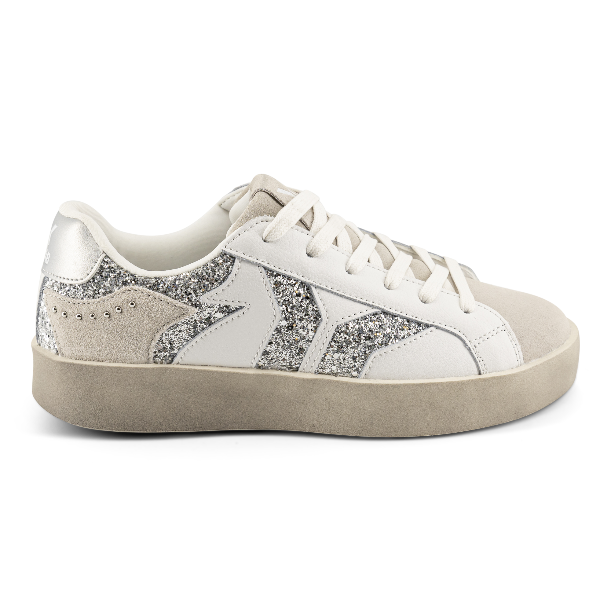 Play Womens Leather Sneaker in silver with glitter wing