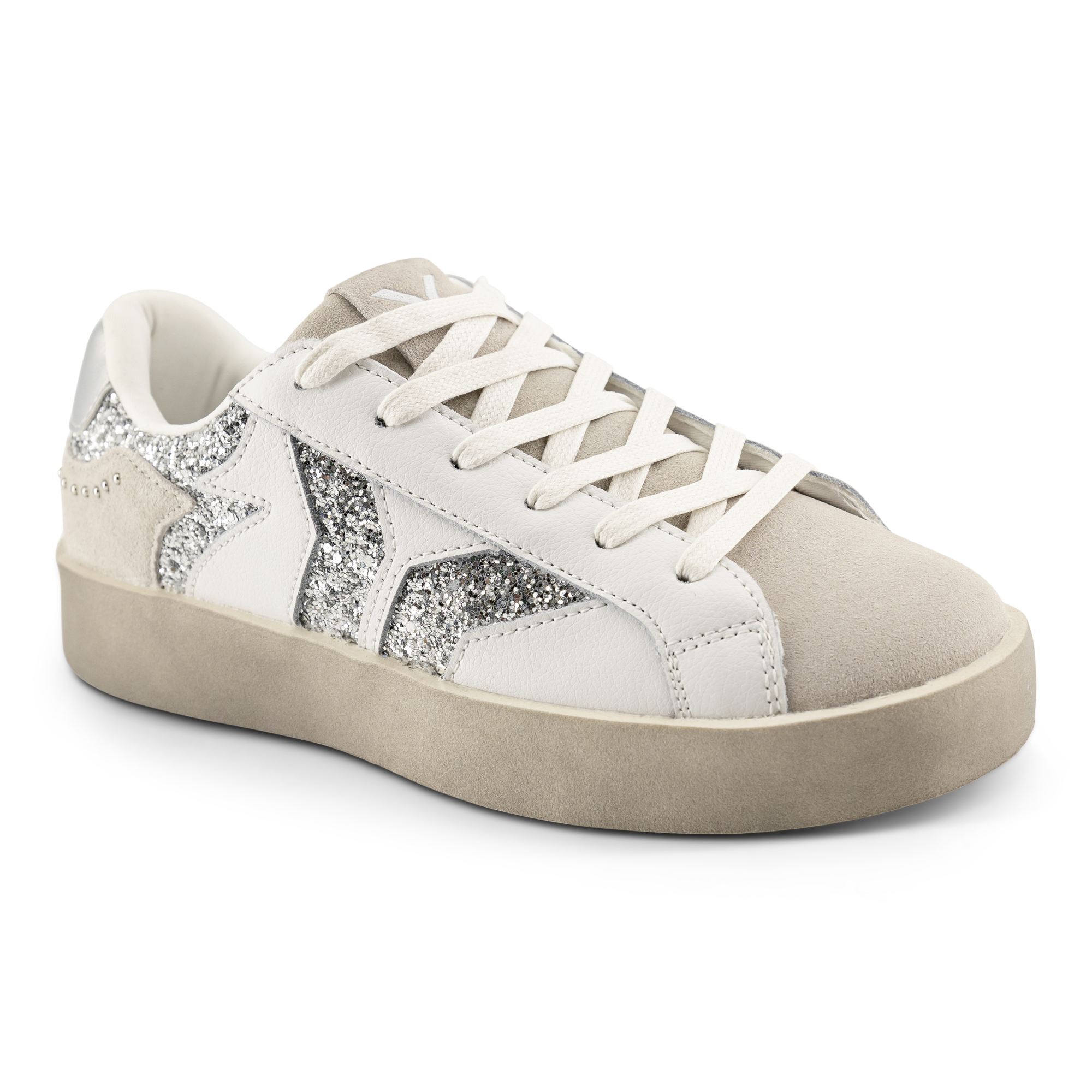 Play Womens Leather Sneaker in silver with glitter wing