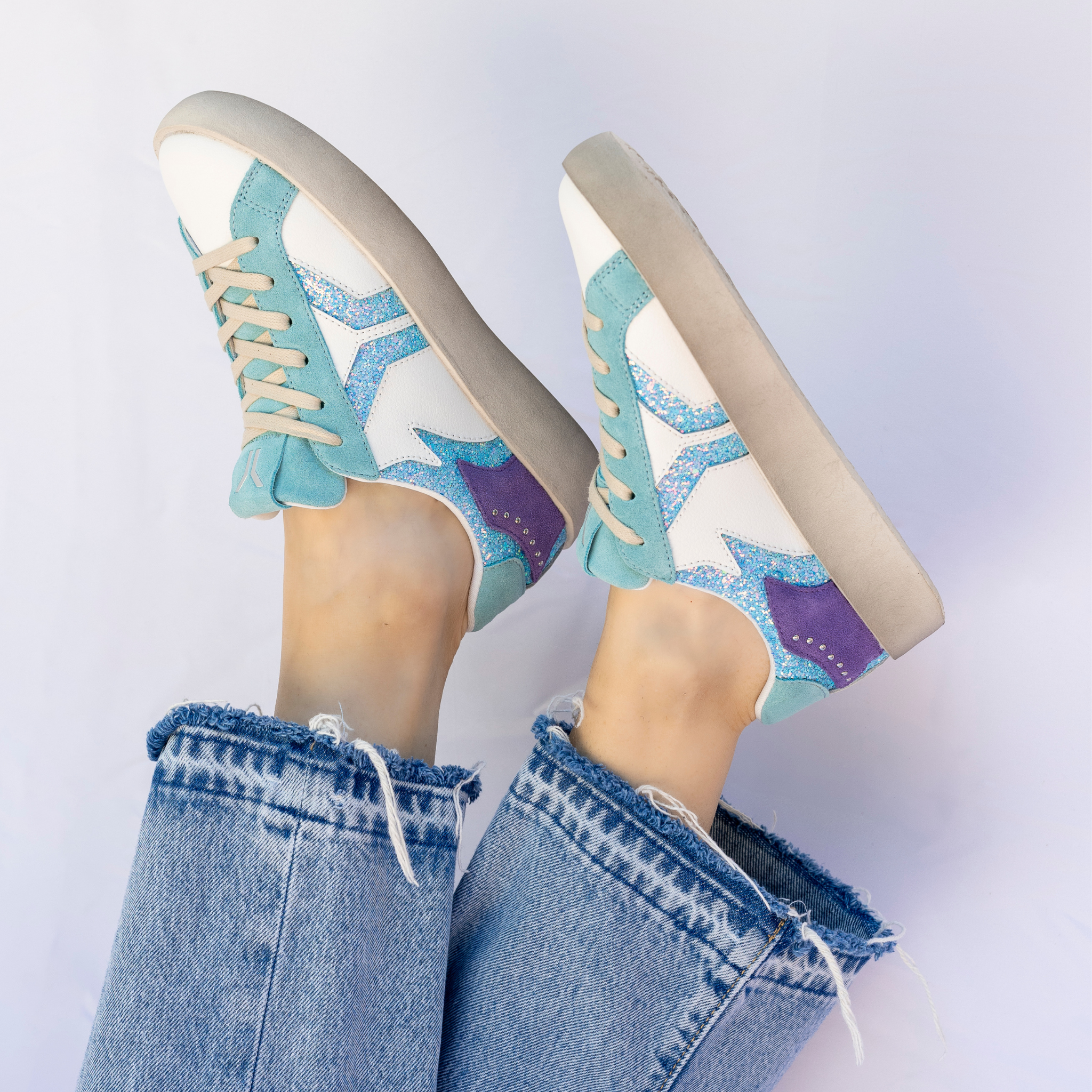 Play Womens Leather Sneaker in retro blue with glitter wing