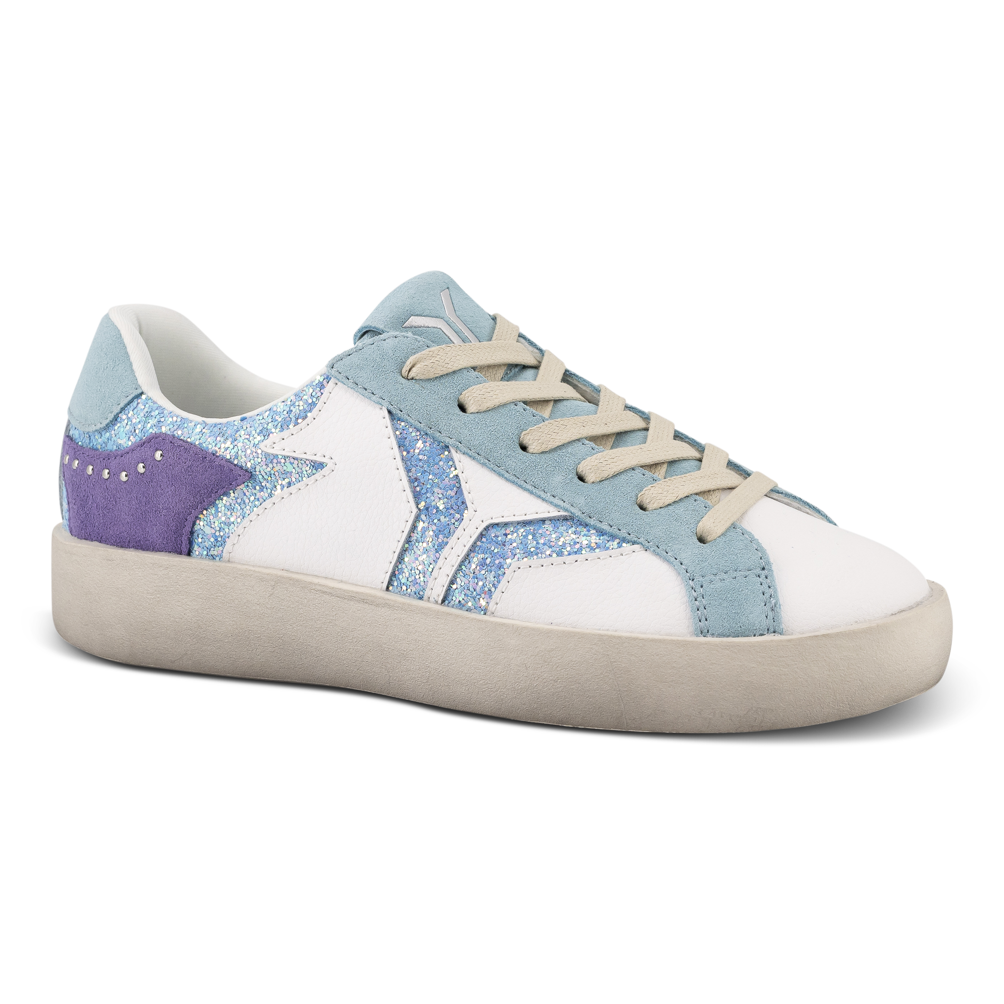 Play Womens Leather Sneaker in retro blue with glitter wing