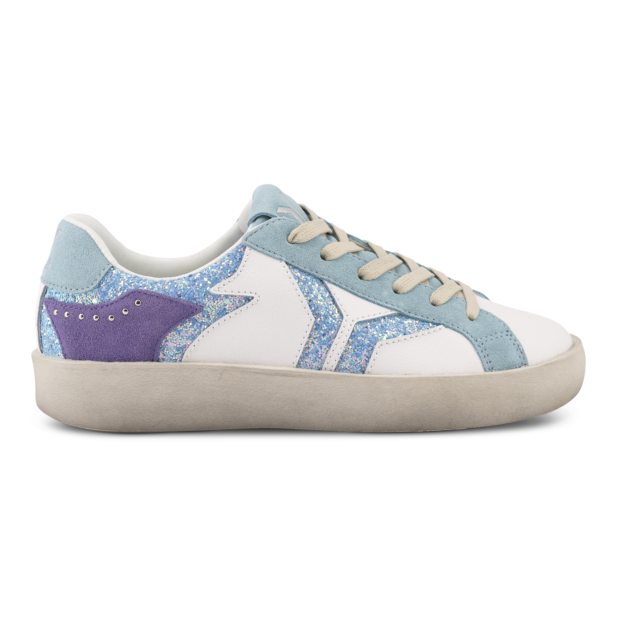 Play Womens Leather Sneaker in retro blue with glitter wing