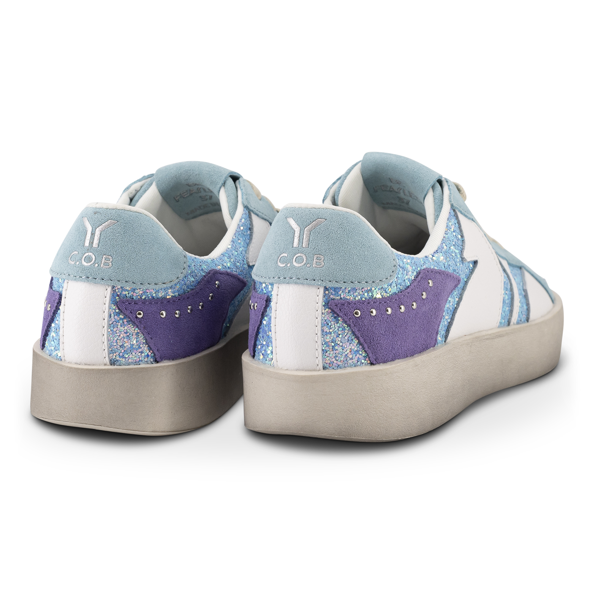 Play Womens Leather Sneaker in retro blue with glitter wing