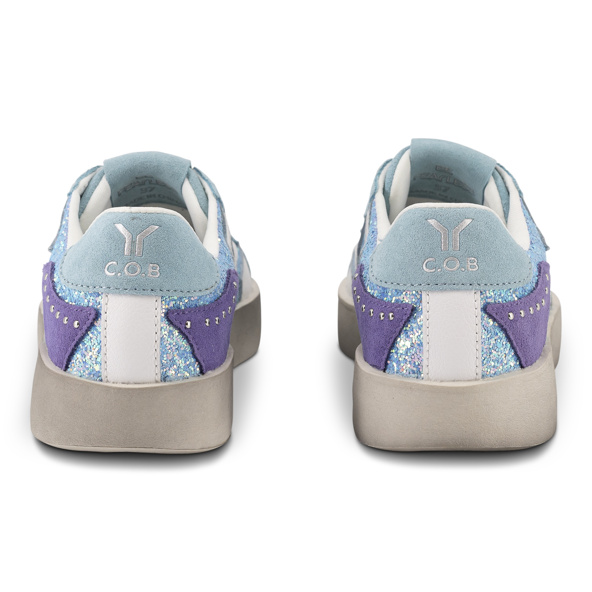 Play Womens Leather Sneaker in retro blue with glitter wing