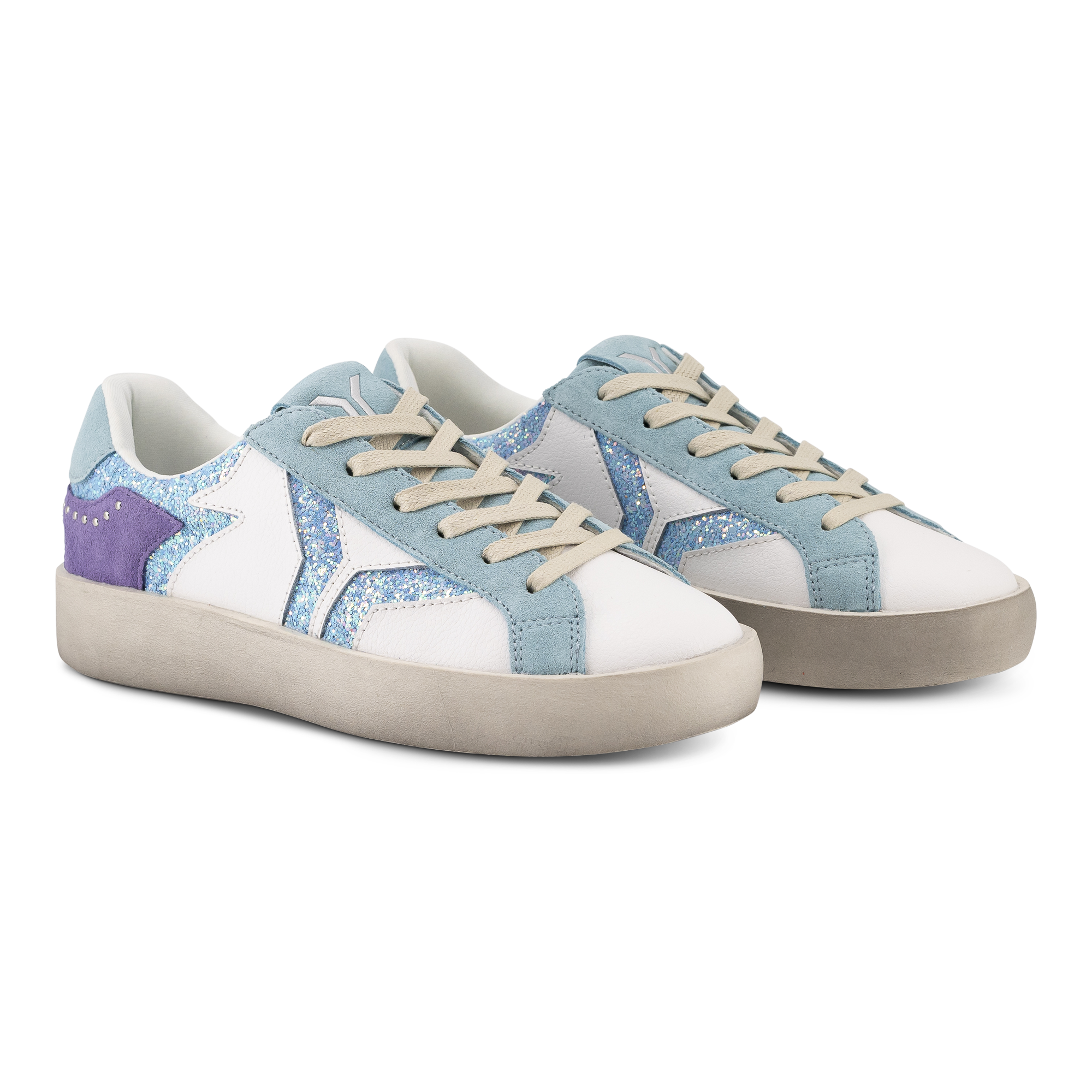 Play Womens Leather Sneaker in retro blue with glitter wing