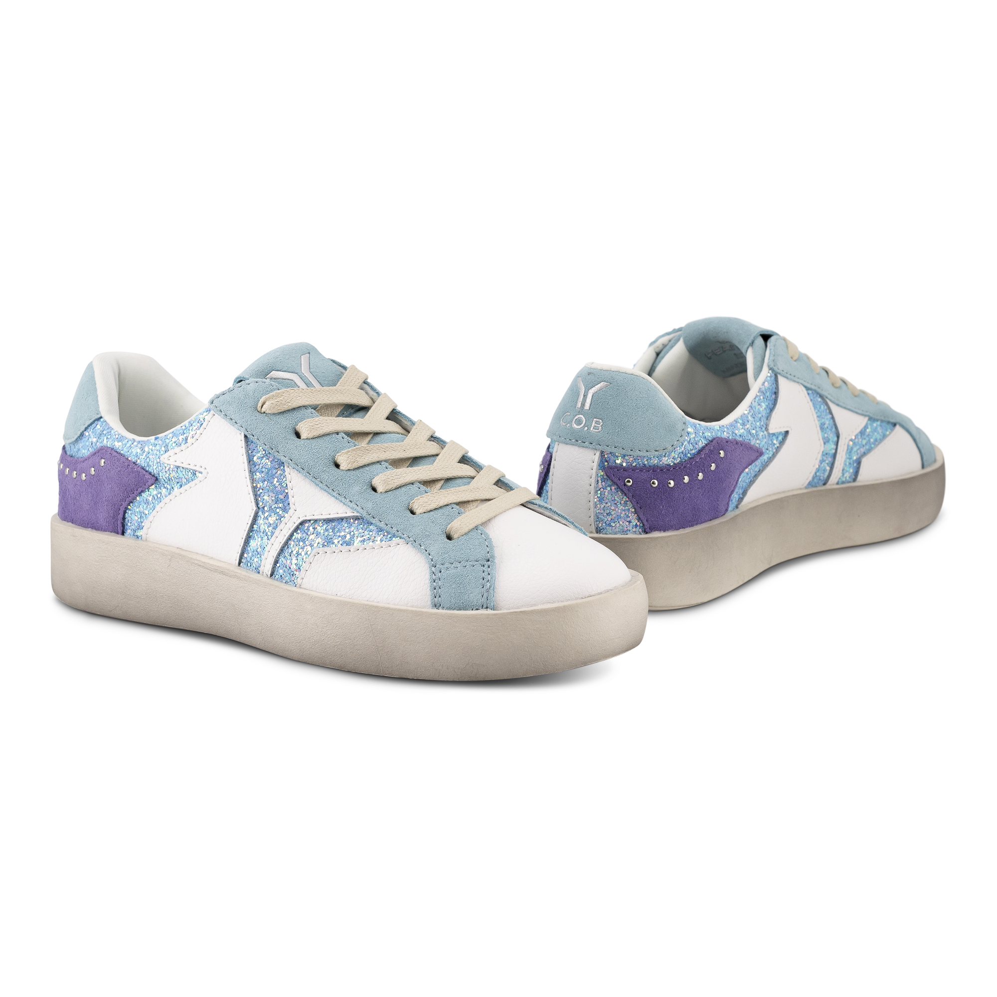 Play Womens Leather Sneaker in retro blue with glitter wing