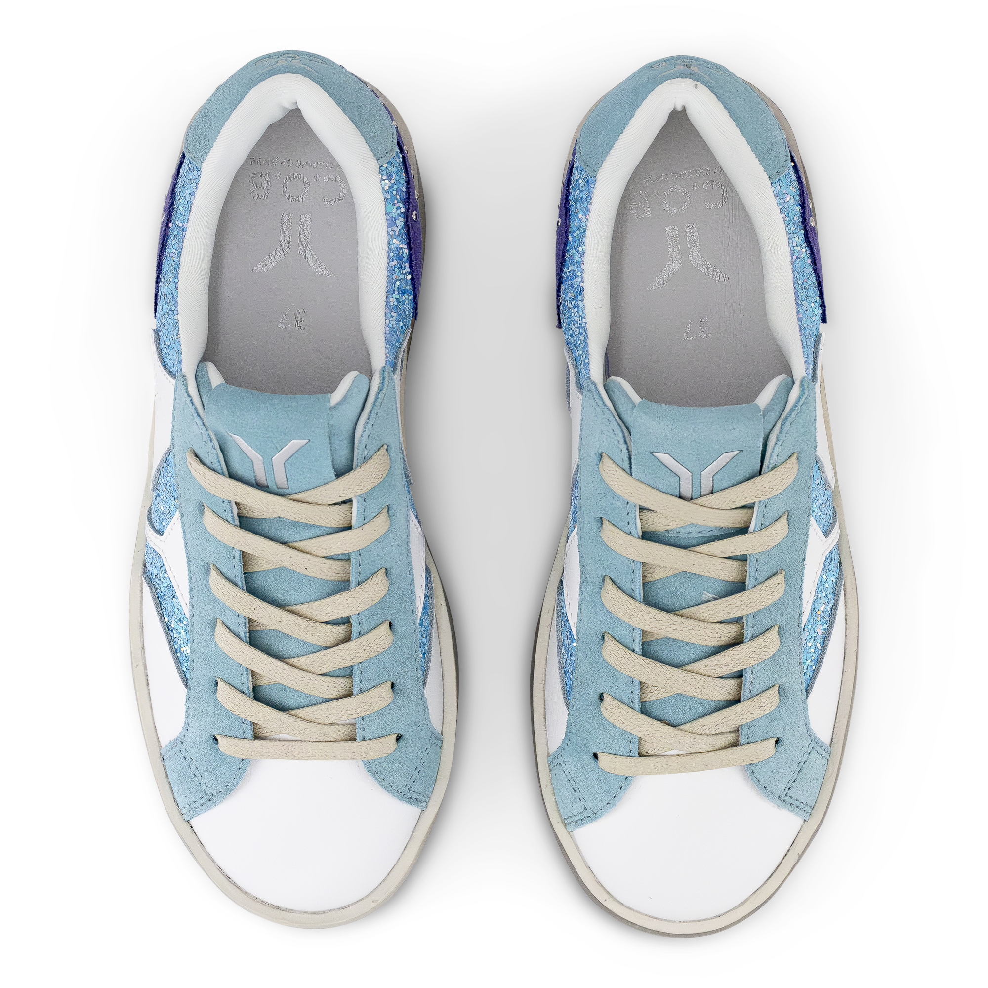 Play Womens Leather Sneaker in retro blue with glitter wing