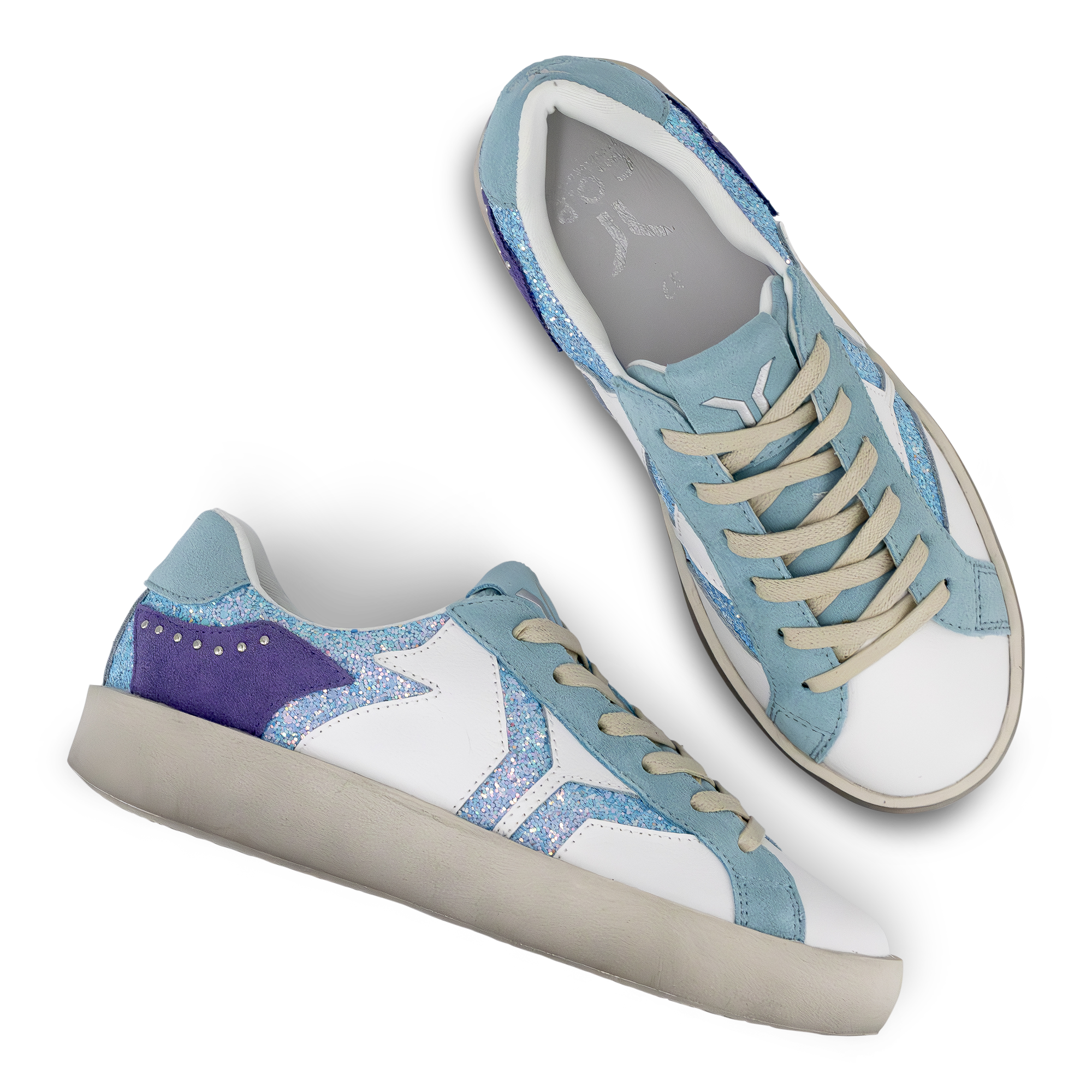 Play Womens Leather Sneaker in retro blue with glitter wing