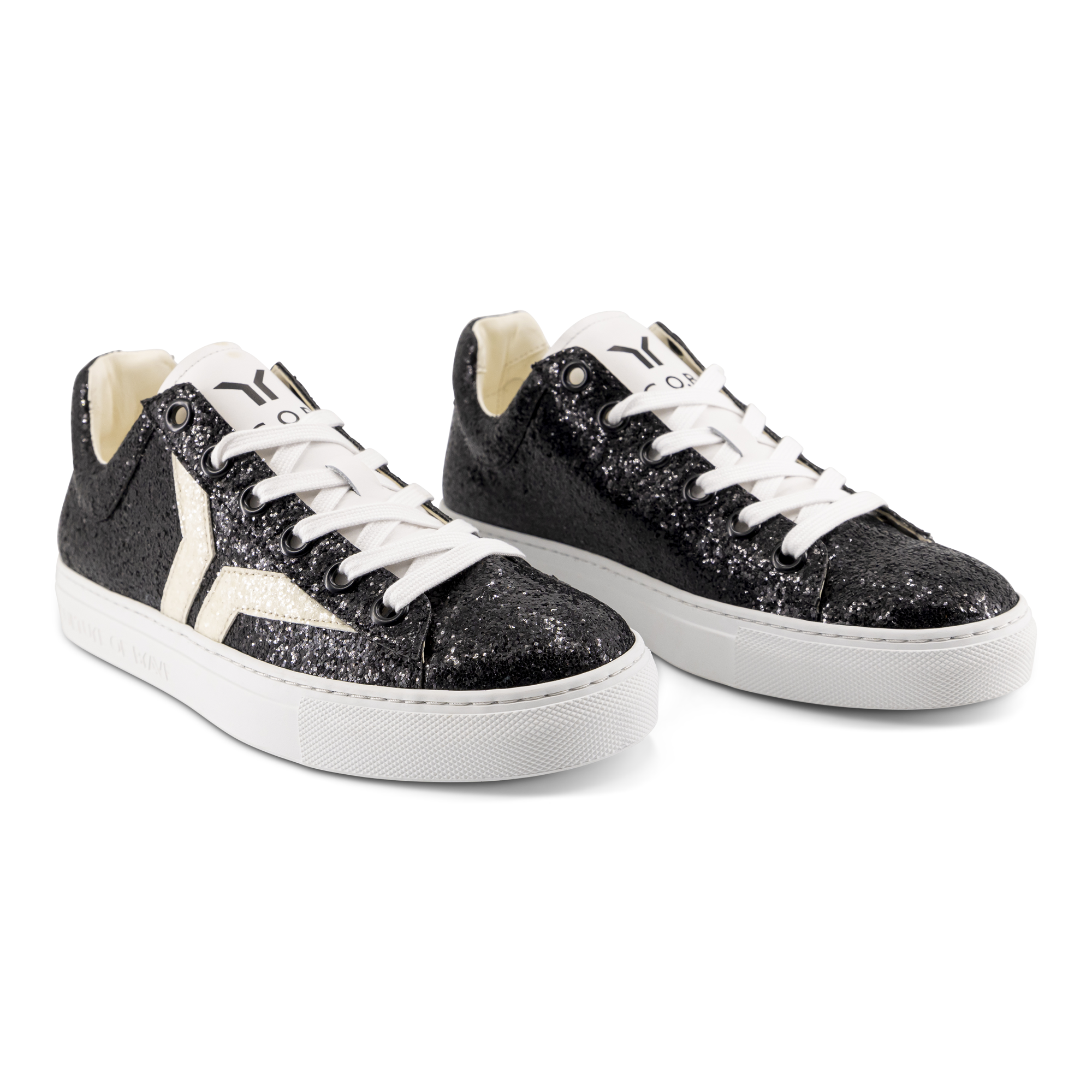 Shine Courage Women black glitter leather white wing low cut