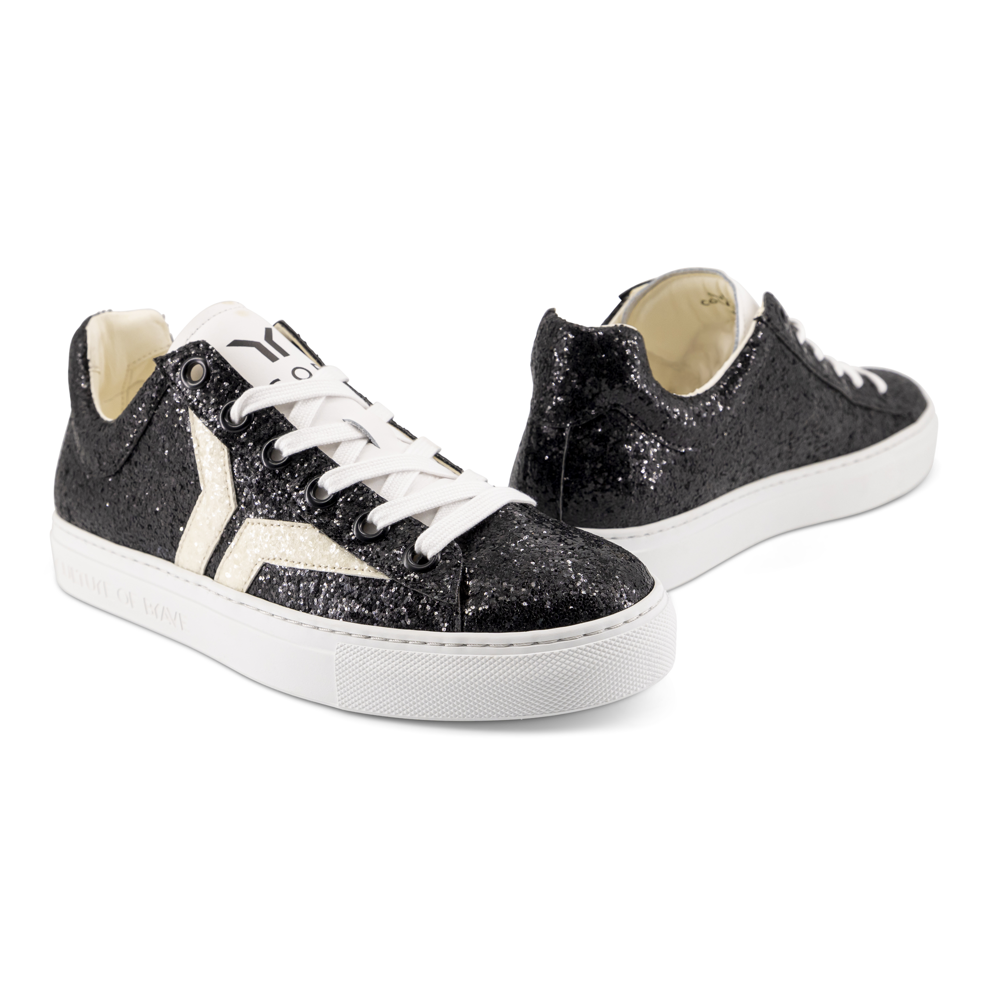 Shine Courage Women black glitter leather white wing low cut