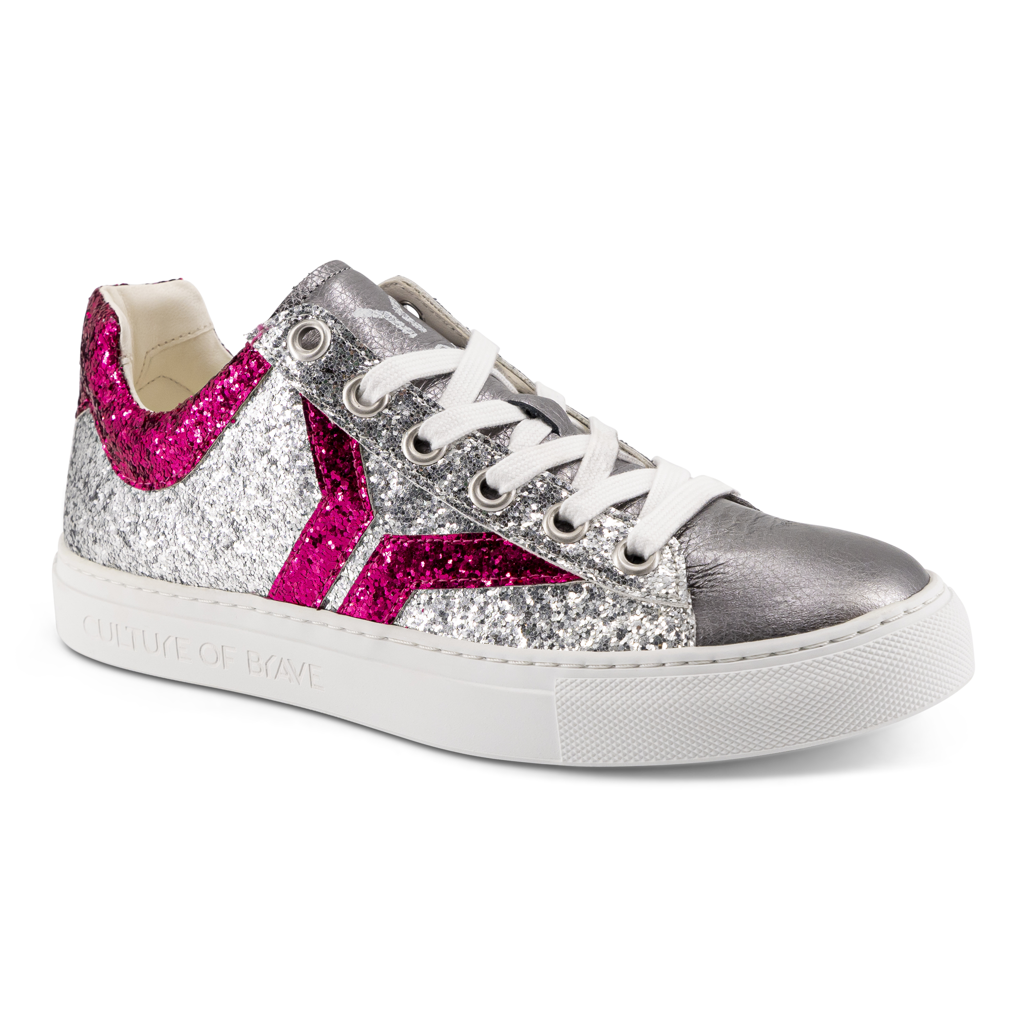 Shine Courage Women silver and fuchsia glitter leather low cut