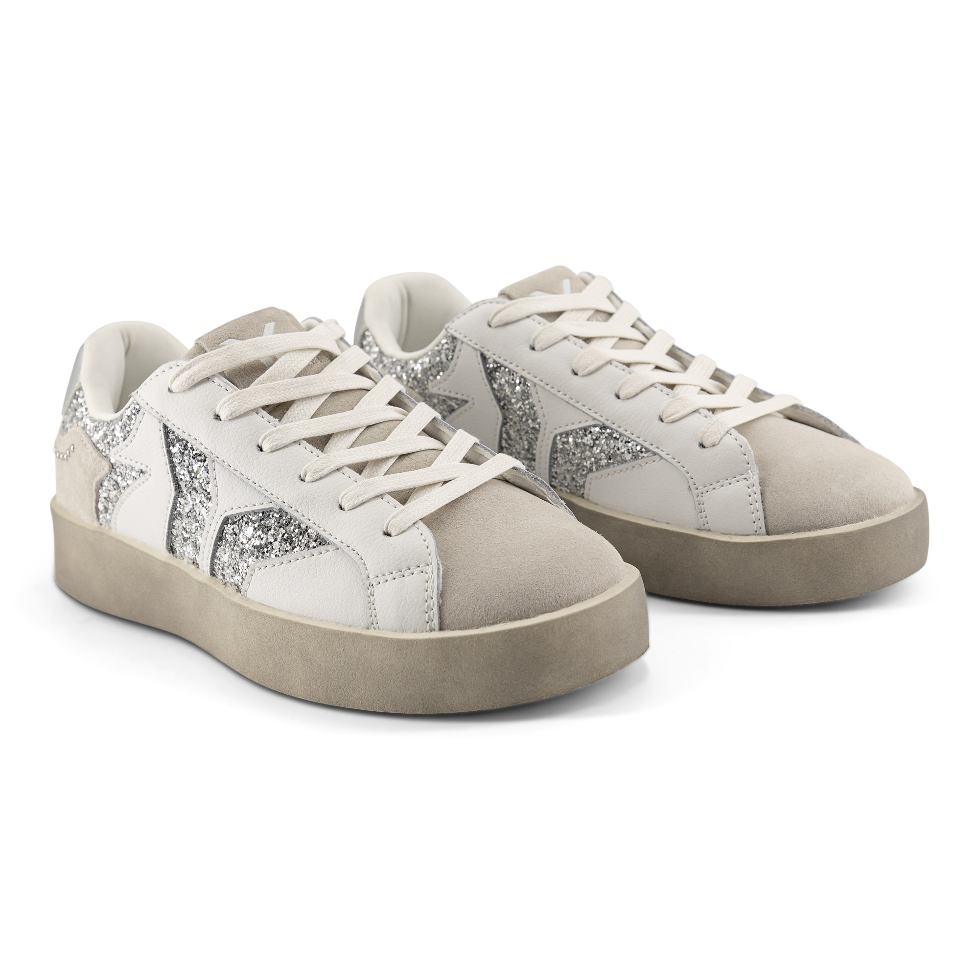 Play Womens Leather Sneaker in silver with glitter wing