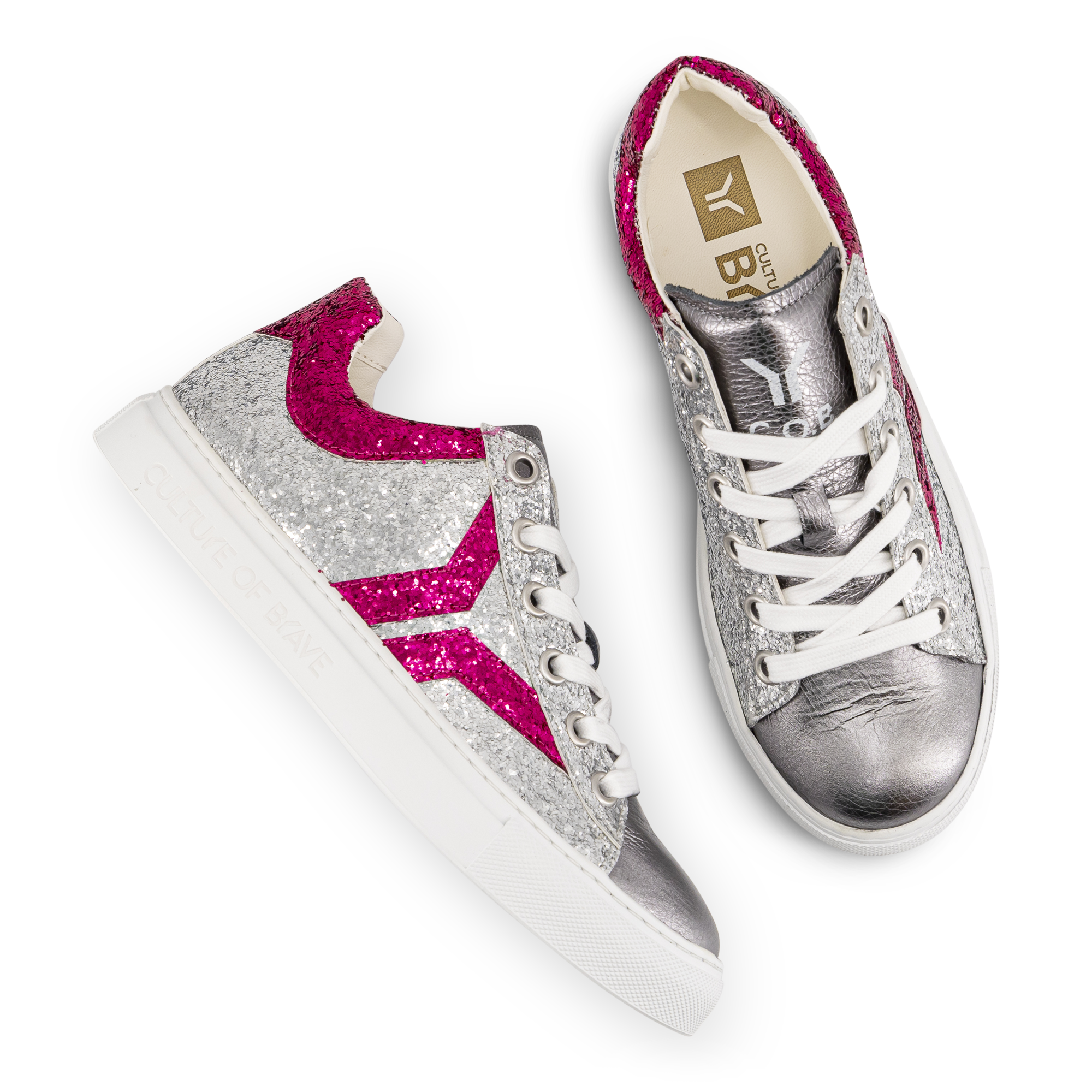 Shine Courage Women silver and fuchsia glitter leather low cut