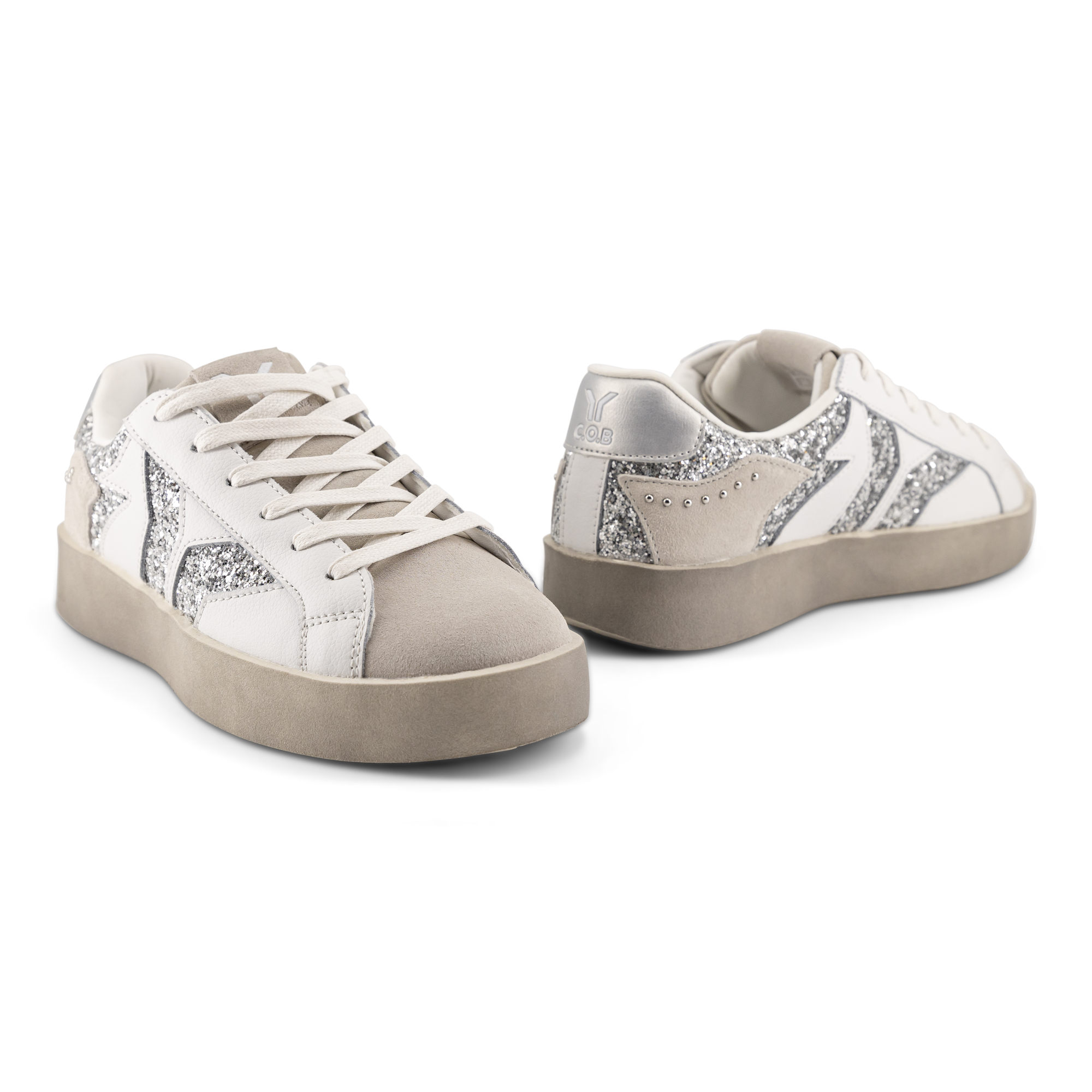 Play Womens Leather Sneaker in silver with glitter wing