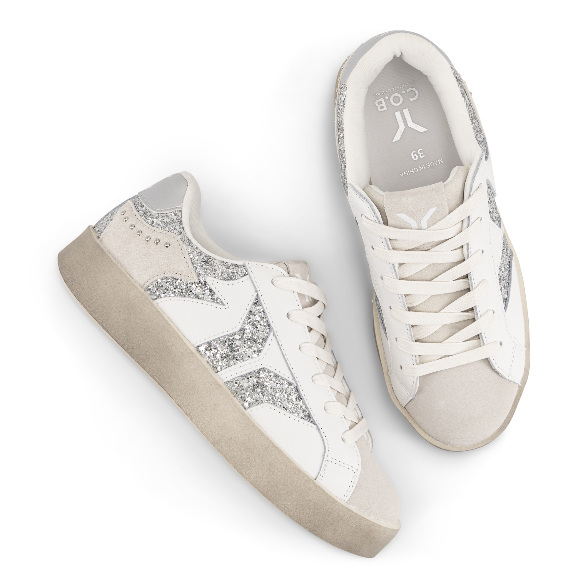 Play Womens Leather Sneaker in silver with glitter wing