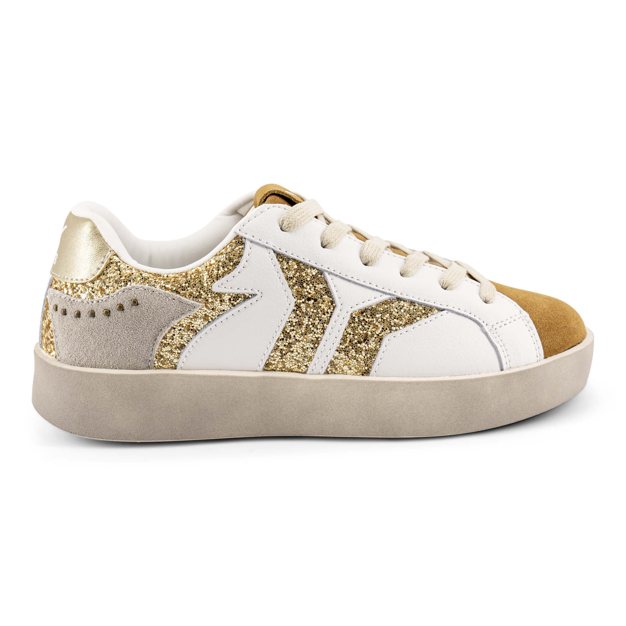 Play Womens Leather Sneaker in gold with glitter wing