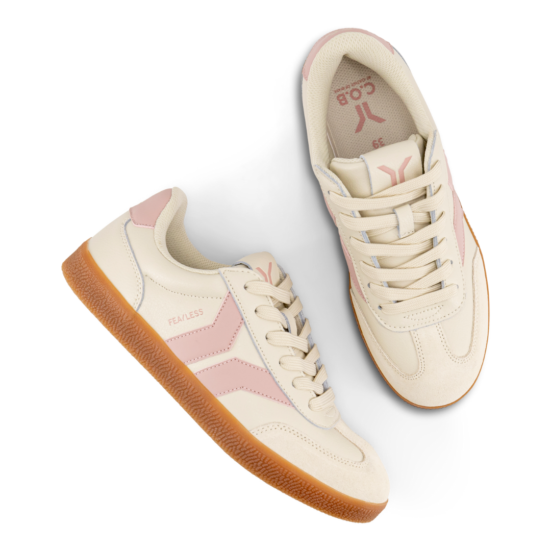 Fearless Womens Sneaker in beige leather with pink wing