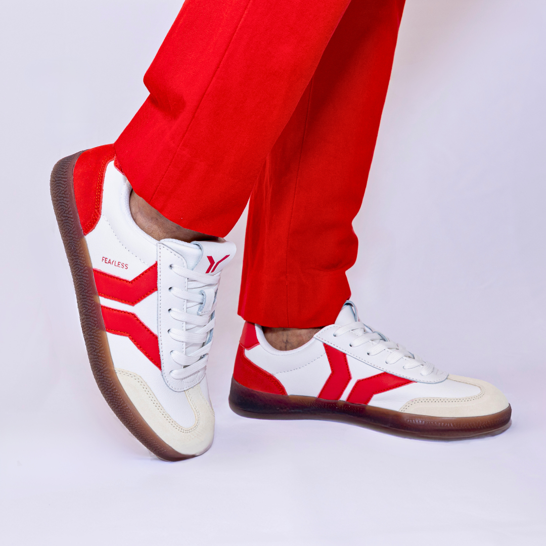 Fearless Womens Sneaker in white leather with neon flare wing