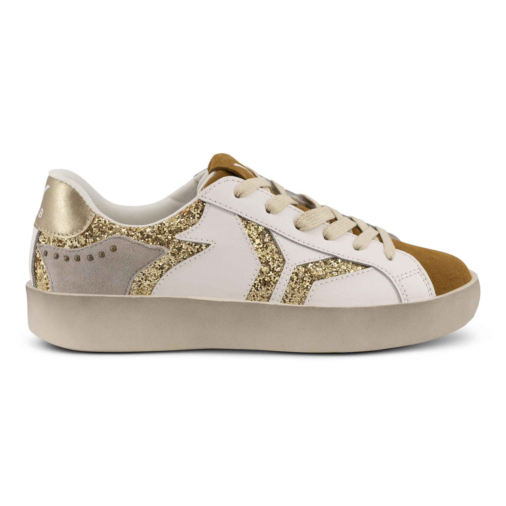 Play Womens Leather Sneaker in gold with glitter wing