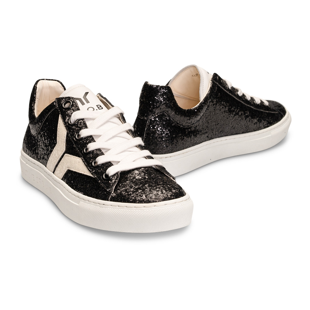 Shine Courage Women black glitter leather white wing low cut