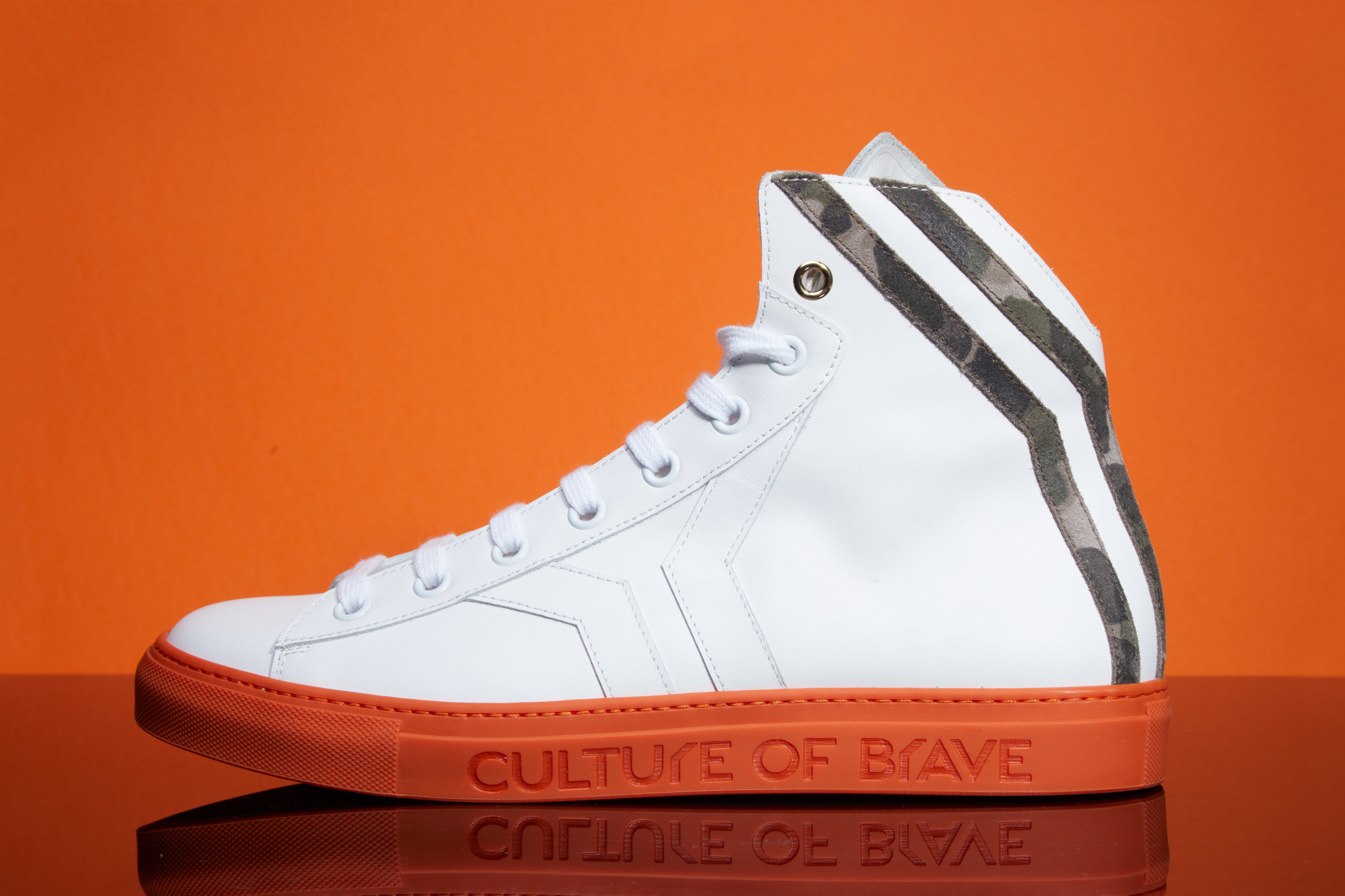 Resilient 19B Women White leather camo wing orange sole mid cut